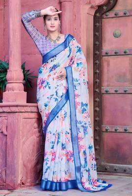 white blue cotton blend saree with floral border print 2
