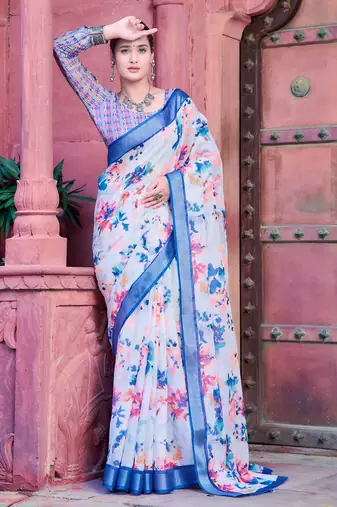 white blue cotton blend saree with floral border print