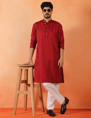 Cotton silk sequenced thread work maroon kurta 4