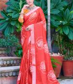 red white cotton blend saree with floral print