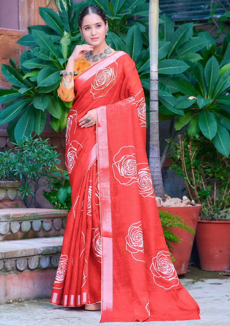 red white cotton blend saree with floral print (sfcl511)
