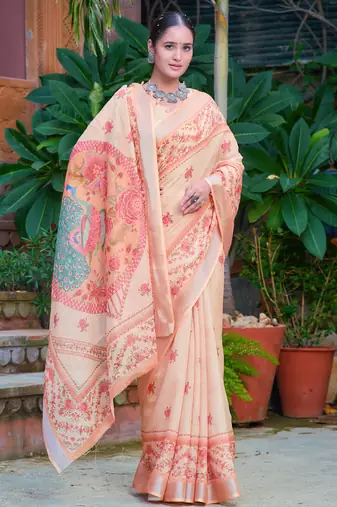 beige cotton blend digital print saree
