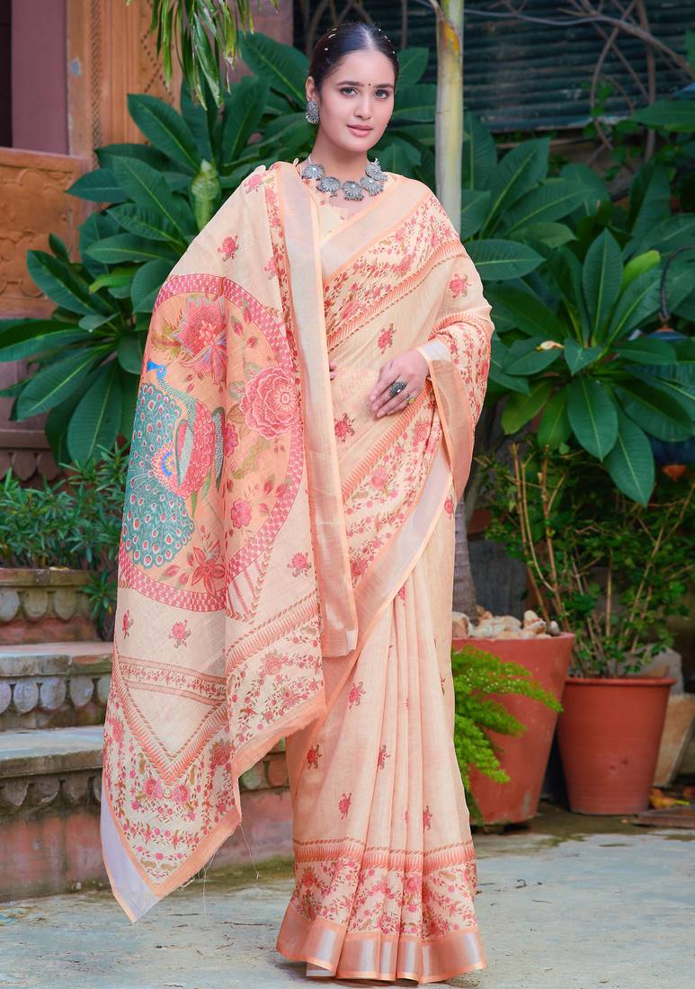 beige cotton blend digital print saree (sfcl512)