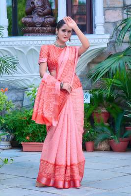 coral pink cotton blend saree with floral border print 3
