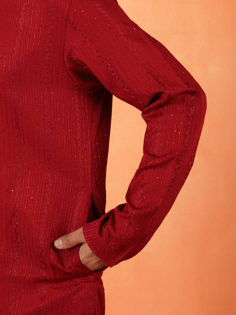Cotton silk sequenced thread work maroon kurta