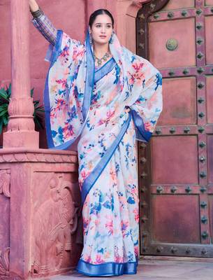 white blue cotton blend saree with floral border print 3