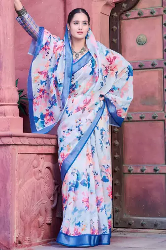 white blue cotton blend saree with floral border print
