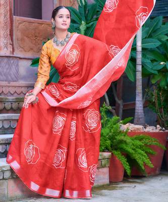 red white cotton blend saree with floral print 2