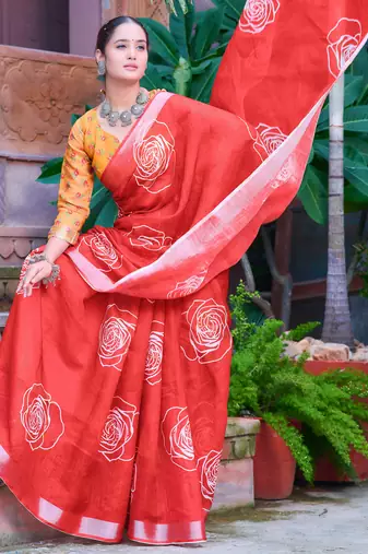 red white cotton blend saree with floral print