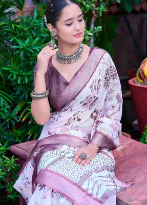 white purple cotton blend digital print saree 5