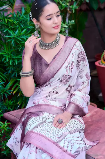 white purple cotton blend digital print saree