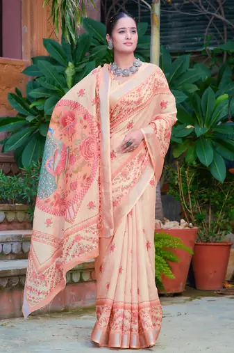 beige cotton blend digital print saree