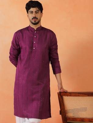 Cotton silk sequenced thread work purple kurta 1