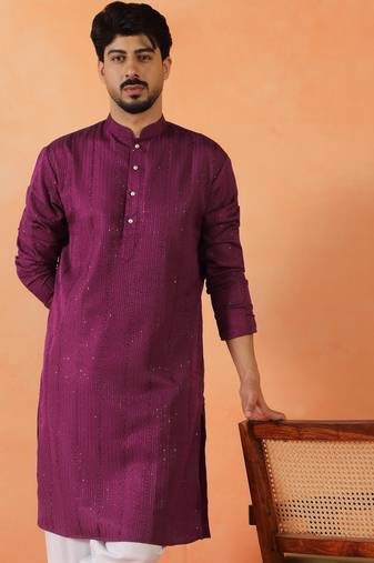 Cotton silk sequenced thread work purple kurta