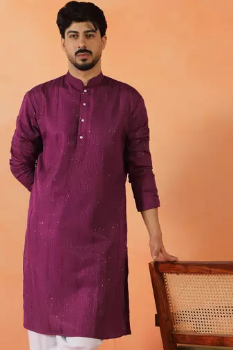 Cotton silk sequenced thread work purple kurta