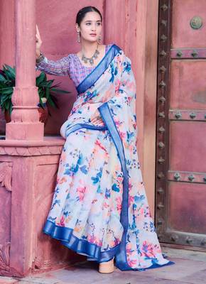 white blue cotton blend saree with floral border print 4