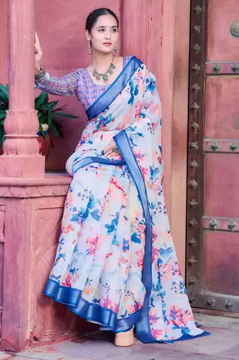 white blue cotton blend saree with floral border print