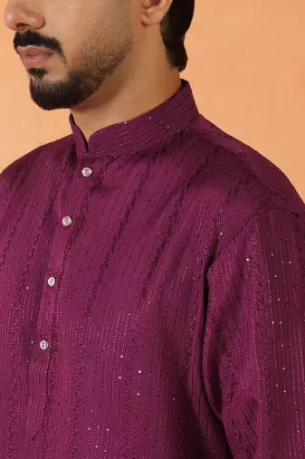 Cotton silk sequenced thread work purple kurta