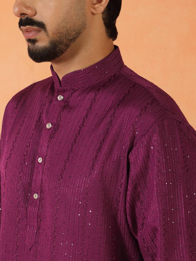 Cotton silk sequenced thread work purple kurta