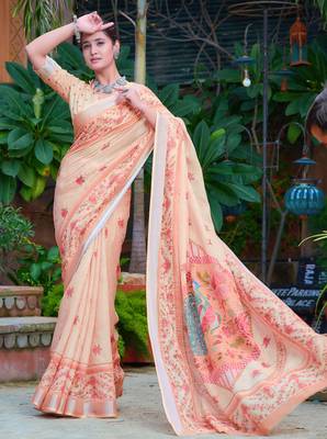 beige cotton blend digital print saree 3