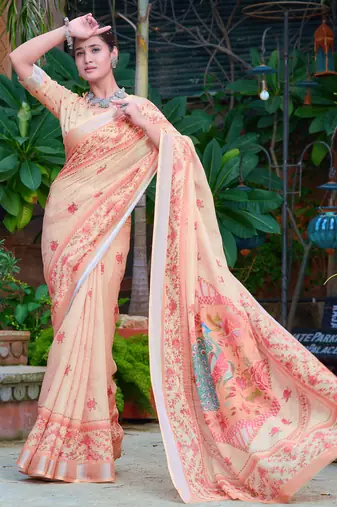 beige cotton blend digital print saree