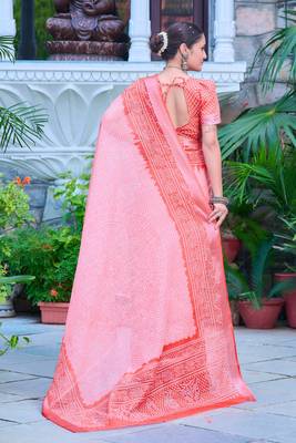 coral pink cotton blend saree with floral border print 5