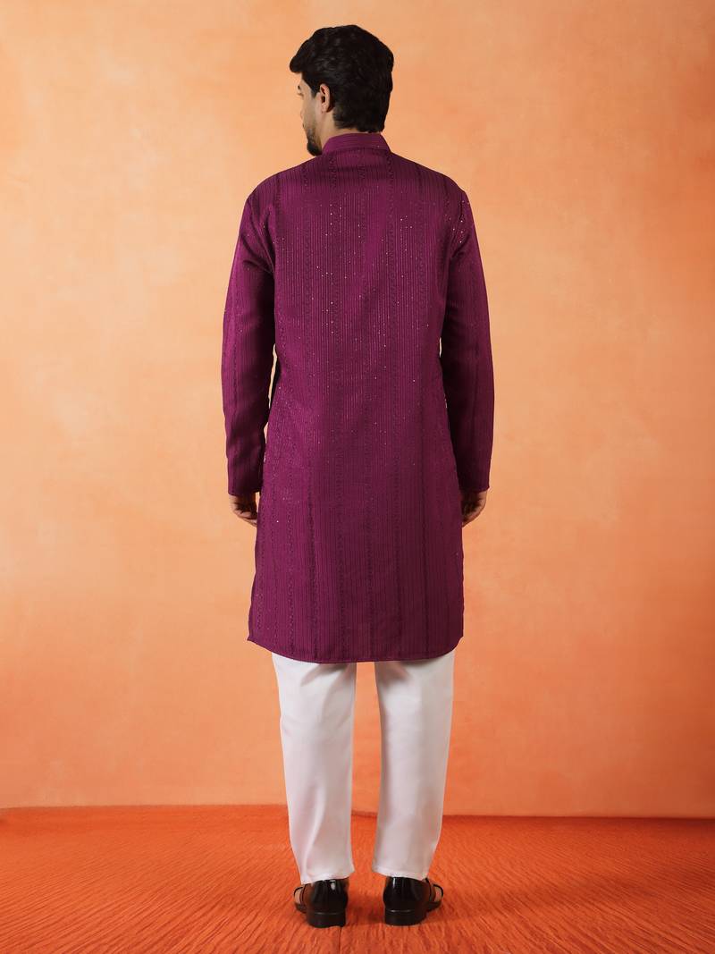 Cotton silk sequenced thread work purple kurta