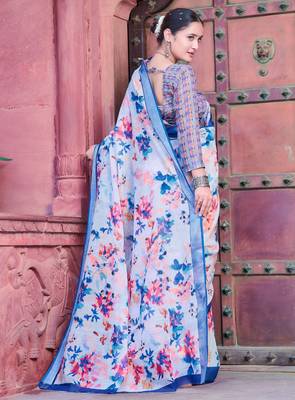 white blue cotton blend saree with floral border print 5