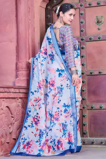 white blue cotton blend saree with floral border print