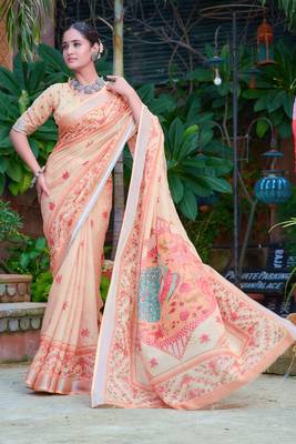 beige cotton blend digital print saree 4