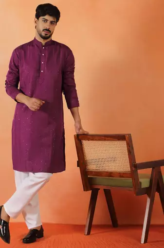 Cotton silk sequenced thread work purple kurta