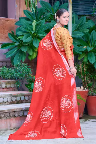 red white cotton blend saree with floral print