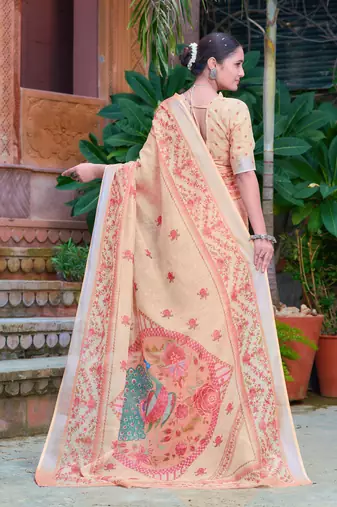 beige cotton blend digital print saree