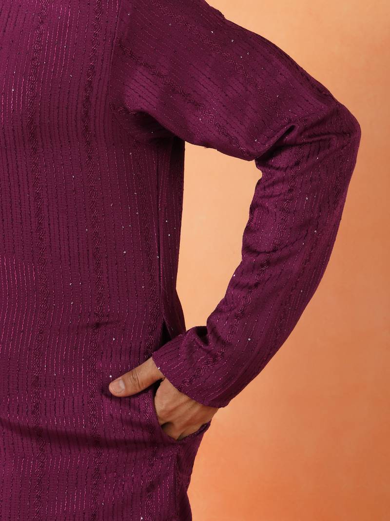 Cotton silk sequenced thread work purple kurta