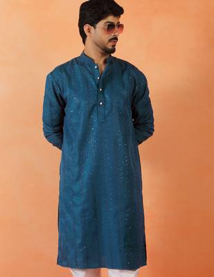 Cotton silk sequenced thread work blue kurta 1