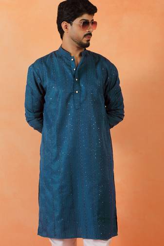 Cotton silk sequenced thread work blue kurta