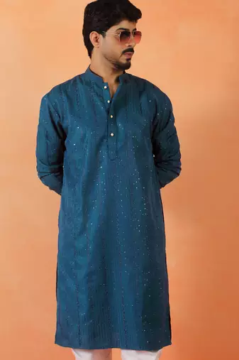Cotton silk sequenced thread work blue kurta