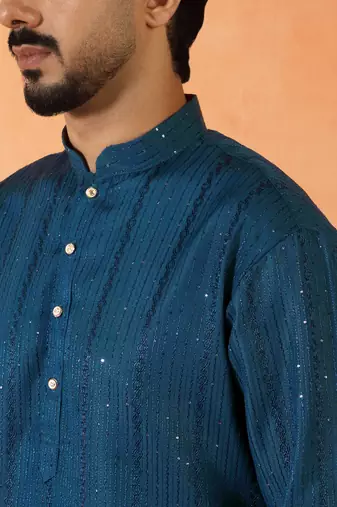 Cotton silk sequenced thread work blue kurta