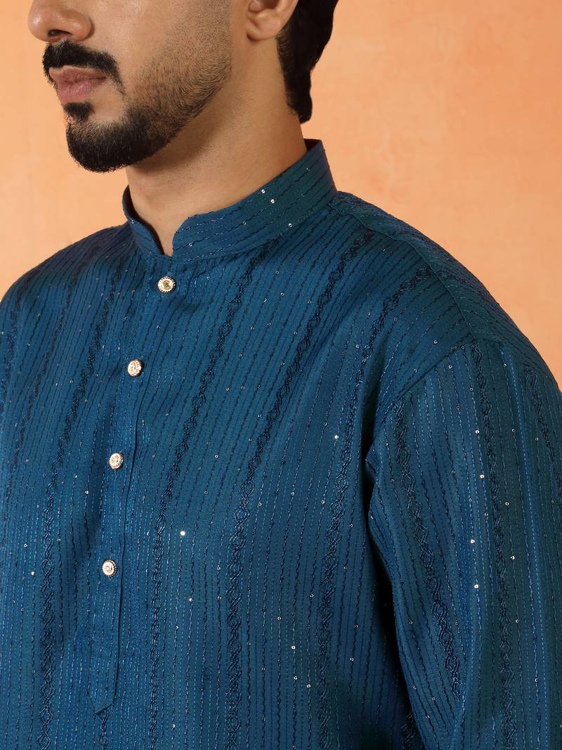Cotton silk sequenced thread work blue kurta