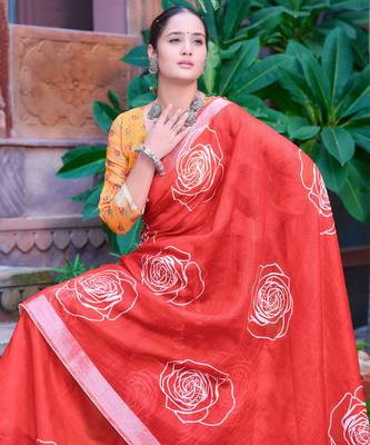 red white cotton blend saree with floral print 5