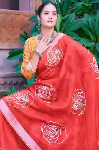 red white cotton blend saree with floral print