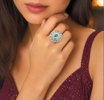 Emerald Green Oval CZ Statement Ring, Silver Adjustable Cluster Ring, Art Deco Bridal Jewelry 1