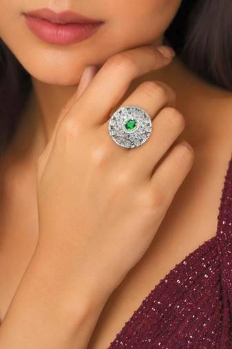 Emerald Green Oval CZ Statement Ring, Silver Adjustable Cluster Ring, Art Deco Bridal Jewelry
