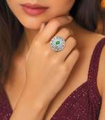 Emerald Green Oval CZ Statement Ring, Silver Adjustable Cluster Ring, Art Deco Bridal Jewelry