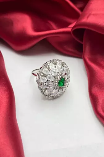 Emerald Green Oval CZ Statement Ring, Silver Adjustable Cluster Ring, Art Deco Bridal Jewelry