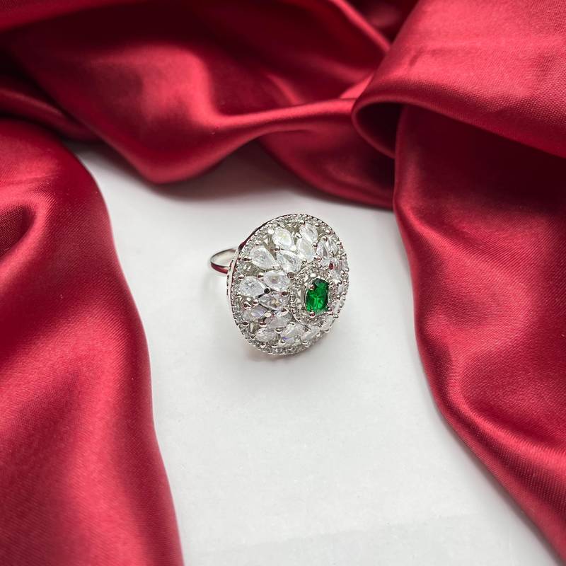 Emerald Green Oval CZ Statement Ring, Silver Adjustable Cluster Ring, Art Deco Bridal Jewelry