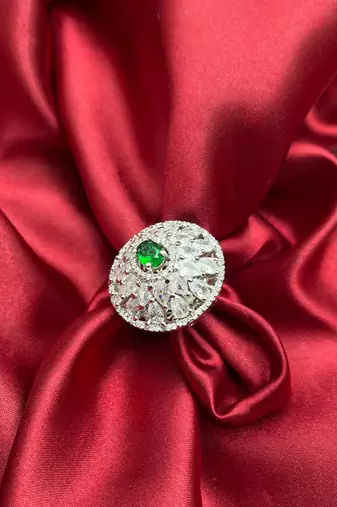 Emerald Green Oval CZ Statement Ring, Silver Adjustable Cluster Ring, Art Deco Bridal Jewelry