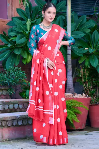 red cotton blend digital print saree