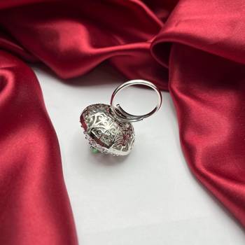 Emerald Green Oval CZ Statement Ring, Silver Adjustable Cluster Ring, Art Deco Bridal Jewelry 4