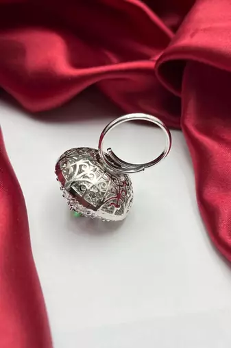 Emerald Green Oval CZ Statement Ring, Silver Adjustable Cluster Ring, Art Deco Bridal Jewelry